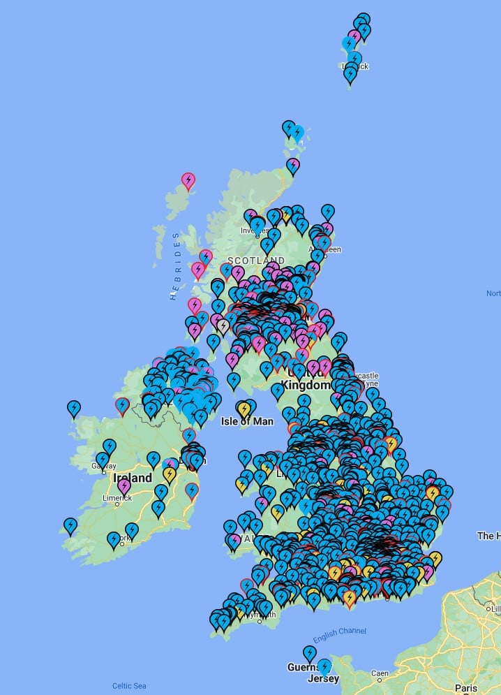 Screenshot from ZAP Map illustrating all public EV charge points in the UK in 2022